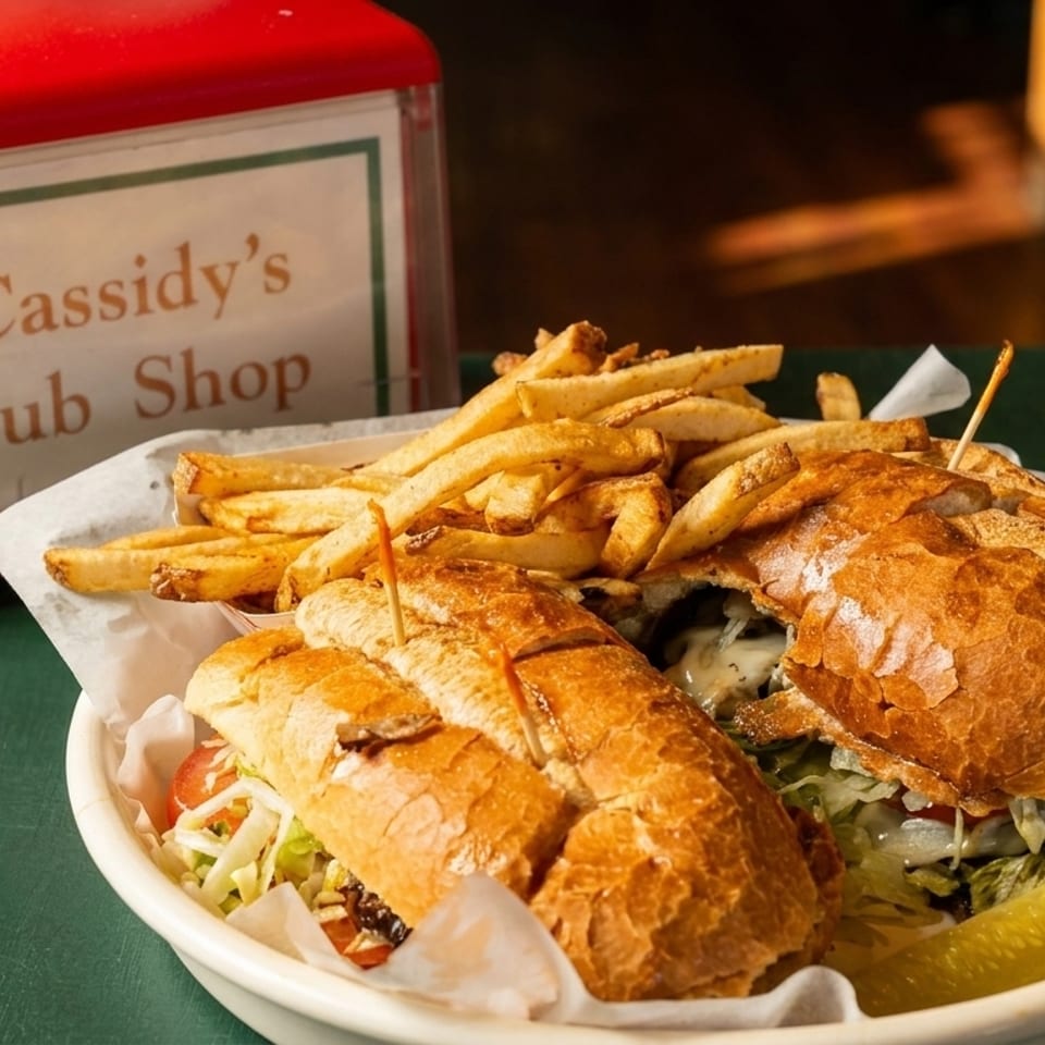 Two subs and a pile of french fries in a basket, with a Cassidy's Sub Shop napkin dispenser.