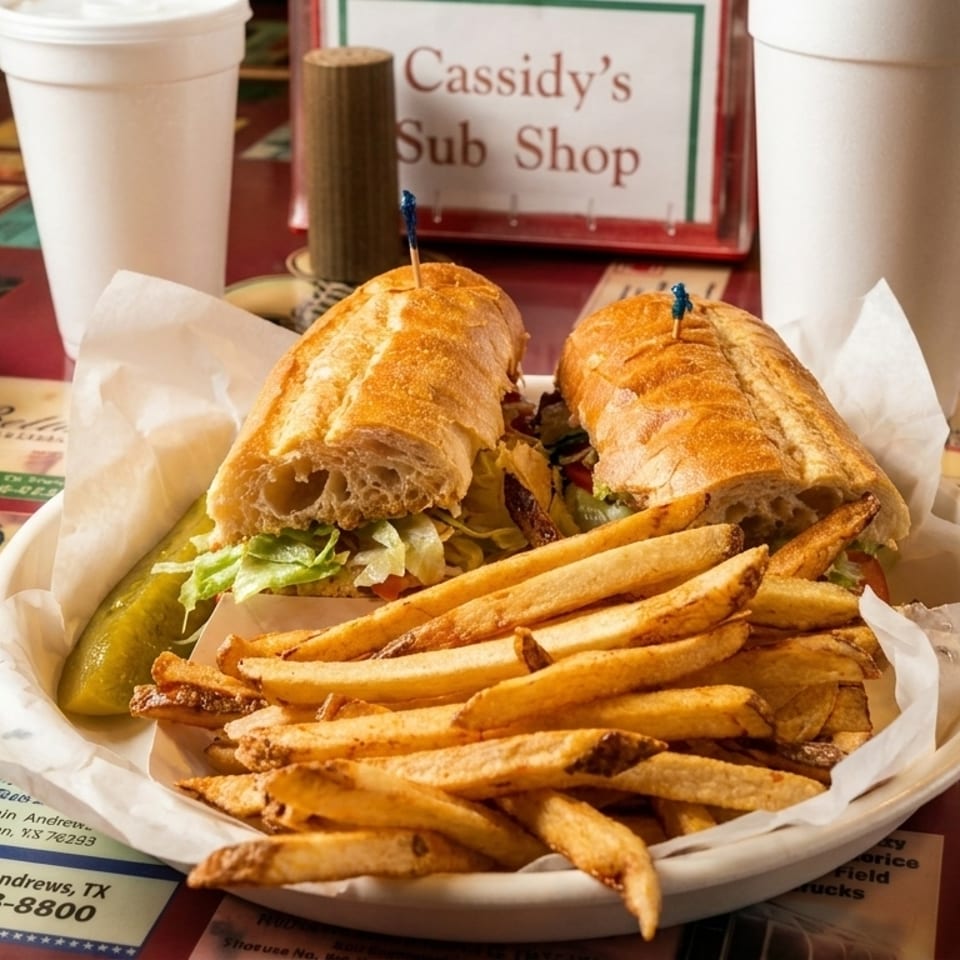 A Cassidy's Sub Shop sub sandwich with fries and a pickle on a table with business cards.