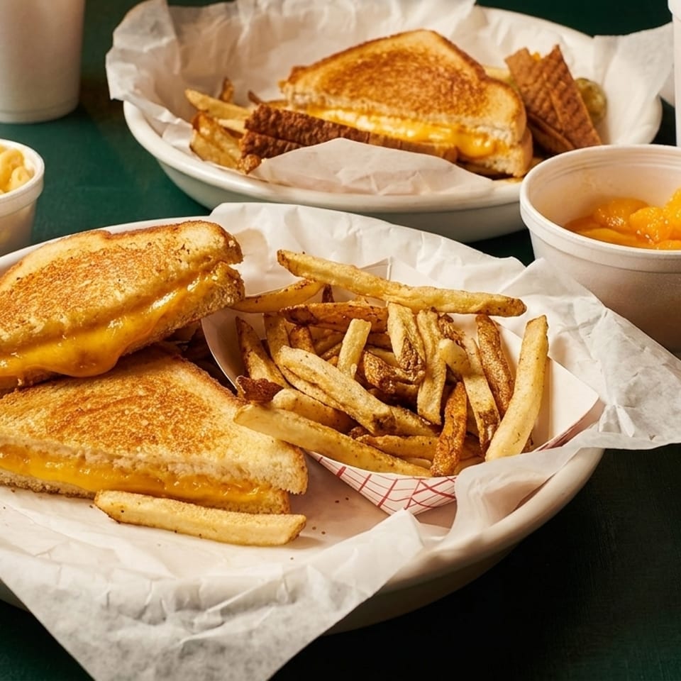 Two plates of grilled cheese sandwiches and fries, with sides of mac and cheese and peaches.