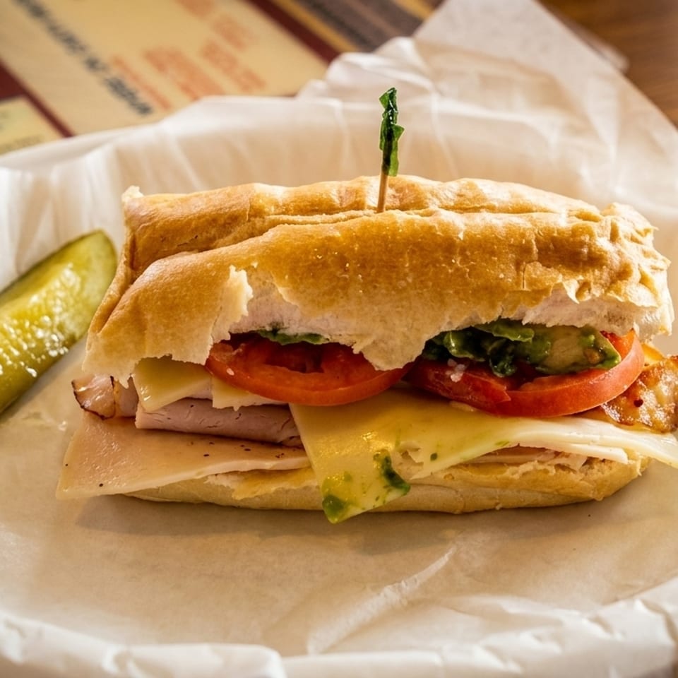 A deli sandwich with turkey, cheese, tomato, avocado, and bacon, served with a pickle.
