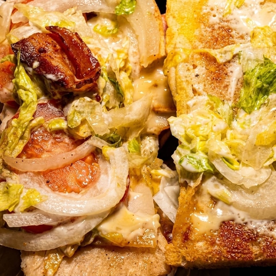 Close-up of a messy sub sandwich with bacon, lettuce, tomatoes, onions, and sauce on toasted bread.