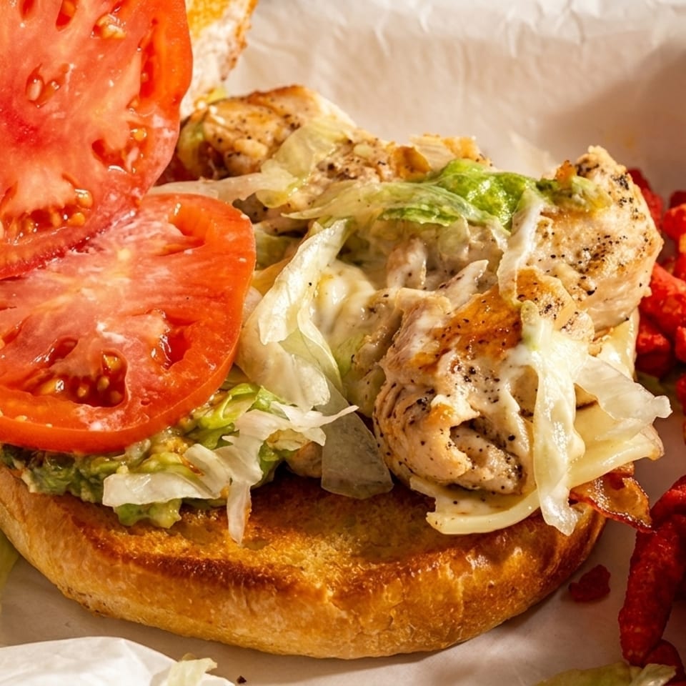 Open-faced chicken sandwich with lettuce, tomato, and pickles, served with red spicy fries.