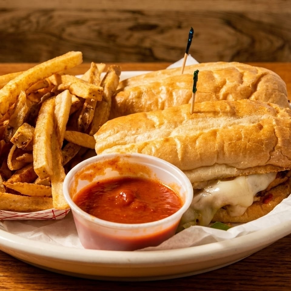 Two cheesy subs with a side of golden fries and marinara sauce on a white plate.