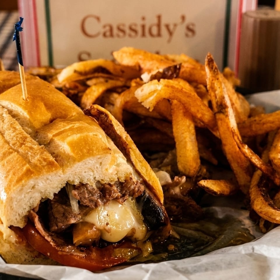 Cheesesteak sandwich with melted cheese, peppers, and onions, served with a side of fries.